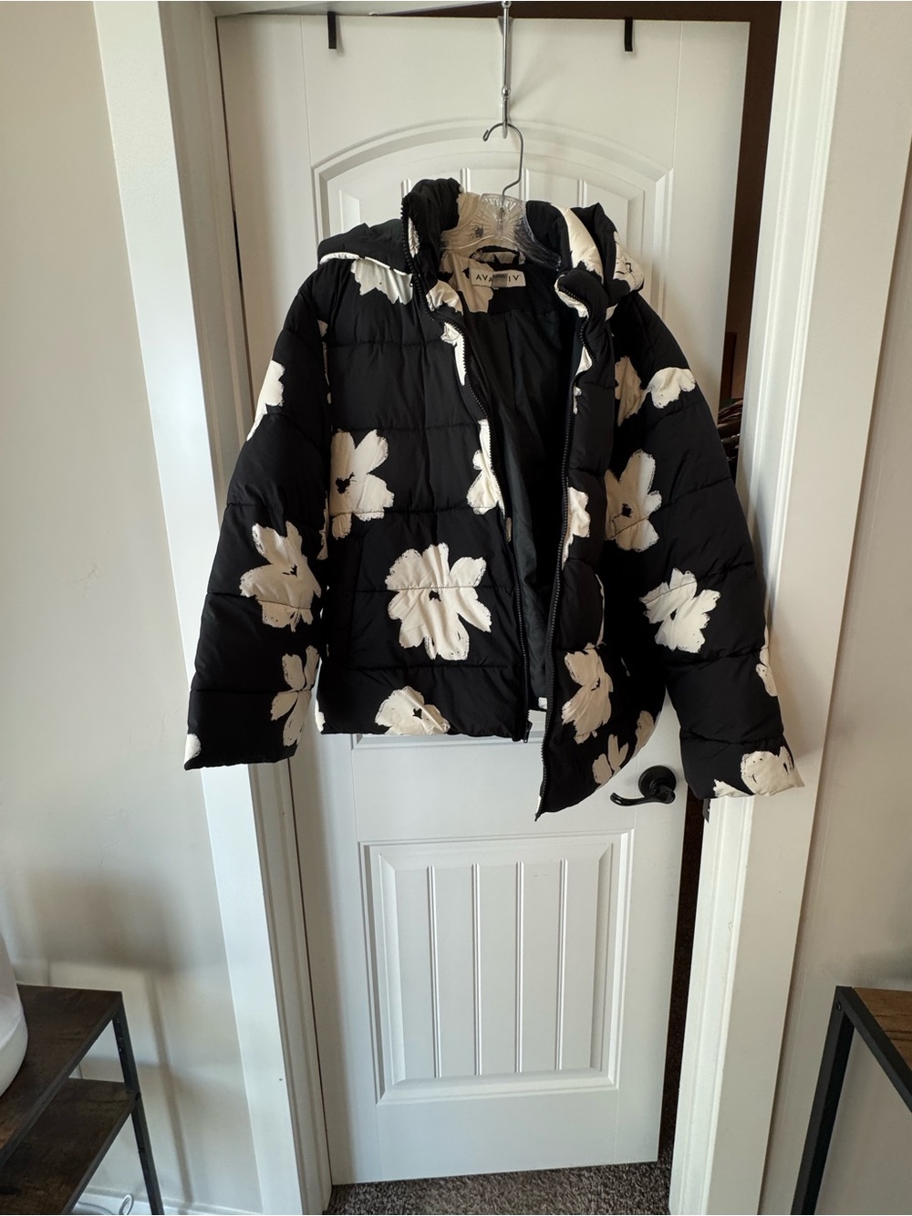 Ava & Viv Black Puffer Jacket with White Floral Print Accents detachable hood